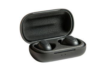Sleek black wireless earbuds in charging case perfect sound modern design portable audio tech accessory easy pairing