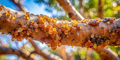 A close-up shot of a gum arabic tree branch with intricate details and textures, showcasing its unique characteristics, plant details, selective focus