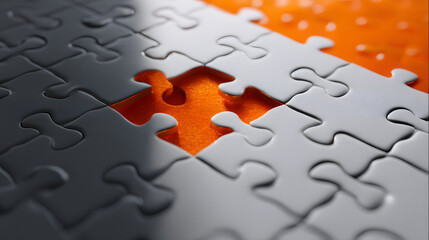 Fototapeta premium Striking Orange and Grey Jigsaw Puzzle Challenge with a Lone Piece Awaiting Connection