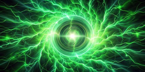 Electric green atmosphere with zigzagging bolts and rays emanating from a swirling vortex, evoking an otherworldly energy , Energy field, Voltage