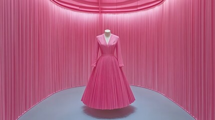 Pink dress exhibit in a vibrant, curved,  pink room