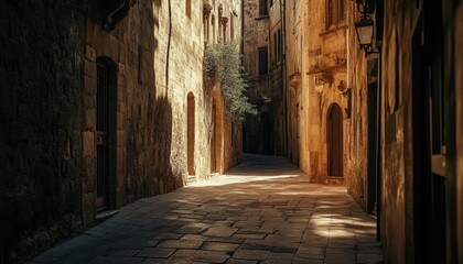 Sun-drenched alleyway in a historic European city.