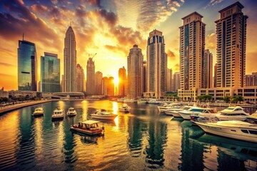Obraz premium Retro Dubai Marina: sun-drenched luxury yachts, Arabian Gulf backdrop, classic boats, old-world aesthetic.