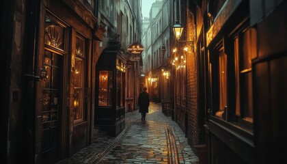 Fototapeta premium London alleyway at night, lit by gas lamps.