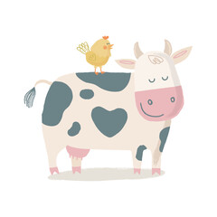 An adorable cow carrying her bird friend on her back — true farm friends.