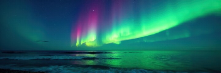 Naklejka premium Ethereal green and blue aurora borealis paints the night sky above a dark, wave-tossed northern sea Cosmic dust reflects in the water , nebula, phenomenon