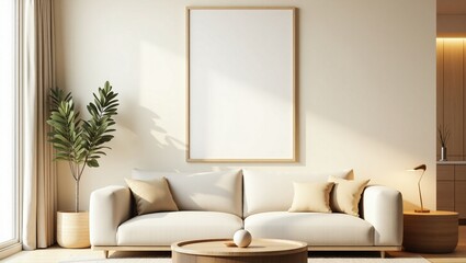 Modern interior design of an empty living room with furniture and a window Empty room with window and white wall featuring simple furniture and wooden floor