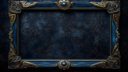 An ornate, dark-blue picture frame with gold embellishments.