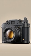 Classic camera, black matte finish, gold accents, large lens