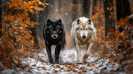 Black and white wolves walking through snowy autumn forest