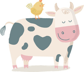 An adorable cow carrying her bird friend on her back — true farm friends.