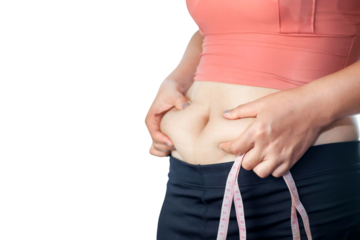 Belly, Woman's hand pinching her excess belly fat, Fat unhealthy woman body. Pinch belly side. Measurement lady procedure. Medicine pinching. Anti cellulite overweight. isolated on transparent