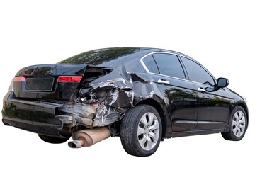 Car crash, Side and back view of black sedan car get damaged by accident on the road. damaged cars...