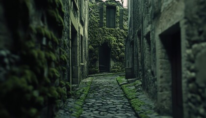 Fototapeta premium A moss-covered alleyway in an ancient stone village.