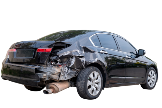 Car crash, Side and back view of black sedan car get damaged by accident on the road. damaged cars after collision. isolated on transparent background, car crash bumper graphic design element, PNG Fil