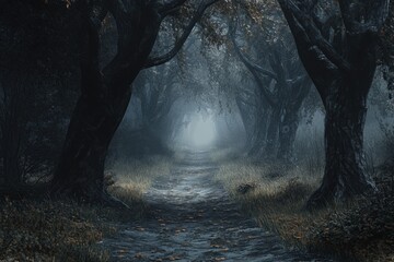 A mysterious path winds through a foggy and shadowed forest