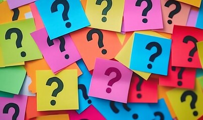Too Many Questions. A stack of vibrant sticky notes featuring question marks. Closeup. 