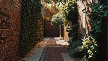 Fototapeta premium A sun-drenched alleyway lined with brick walls and vibrant greenery.