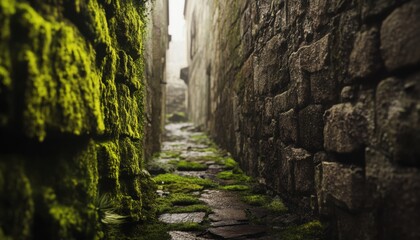 Moss-covered alleyway between ancient stone walls.