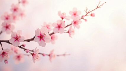 Obraz premium Cherry Blossom Background in Spring Season – Beautiful Pink Sakura Flowers Blooming with Soft Petals, Blue Sky, and Nature Landscape for Tranquil Floral Scenery