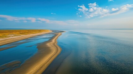 Serene Coastal Landscape with Gentle Waves and Blue Sky