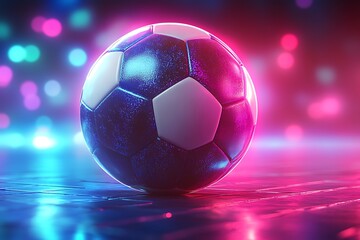 Naklejka premium Football on Neon Surface, Glowing White Hexagons & Blue Seams, Bokeh Background