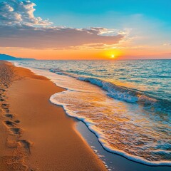 Serene Sunset Over Calm Ocean with Footsteps in Sand at Shoreline