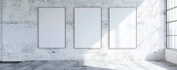 Modern White Brick Wall with Blank Frame and Green Plant...