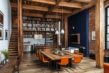 Fototapeta premium Large open-concept loft with wooden beams, blue and white walls, modern dining area, double staircase, kitchen with stainless steel appliances, and red brick walls.