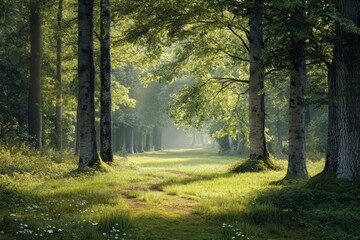 Obraz premium Lush forest path illuminated by sunlight filtering through trees at dawn
