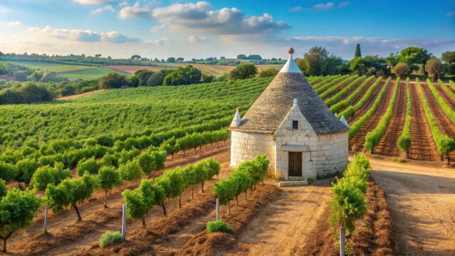 Traditional Apulian farmhouse with a rustic trullo in Puglia's countryside surrounded by rolling hills and vineyards , italian landscape, countryside