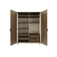 Wooden Wardrobe Interior: An open view showcasing a new wooden wardrobe, neatly organized and designed for optimal storage in a domestic interior, combining functionality with aesthetic appeal.