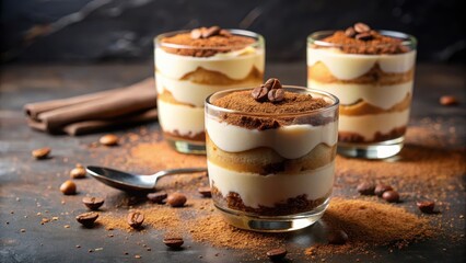 Creamy tiramisu dessert in a glass, coffee, rich flavor,  coffee