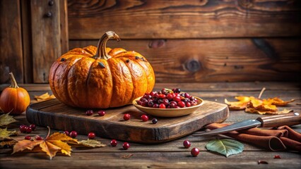 Warmly lit autumnal kitchen scene with a homemade baked sweet pumpkin with cranberries on a rustic wooden cutting board