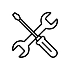 Wrench and screwdriver crossed icon in black and white outline design for tools and repair