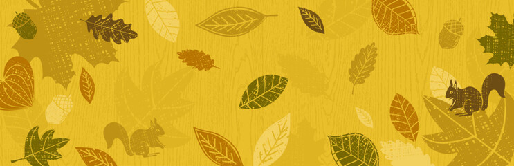 Yellow banner with autumn falling leaves. Autumn greeting background. Horizontal autumn background, headers, posters, cards, website. Vector illustration
