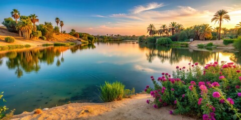 Serene lake waters reflect lush greenery and vibrant flowers amidst a warm sandy beach at sunset, Beer Sheva Israel landscape photography, natural scenery, israel landscapes