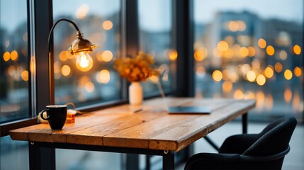 Cozy workspace with city view at dusk