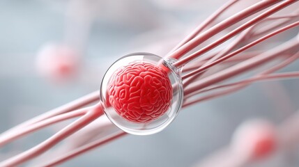 Futuristic 3D illustration of a red brain-shaped core inside a transparent cell, symbolizing AI, biotech, and neural innovation.
