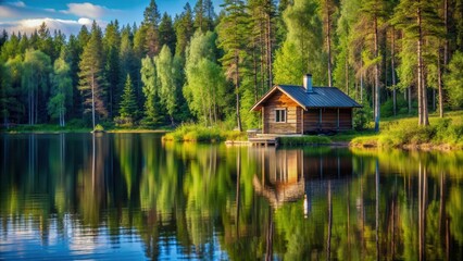 Obraz premium Cozy wooden cottage surrounded by lush green forest and serene blue waters of a rural lake in Finland's summer landscape, summer scenery, wooden architecture