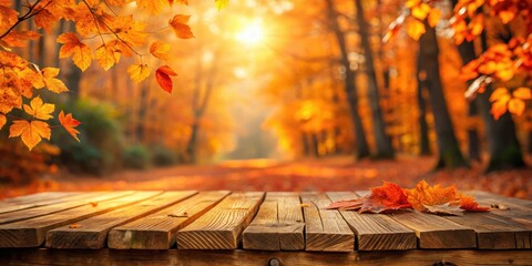 Cozy autumnal atmosphere with wooden table and vibrant orange leaves against a blurred background of fall foliage, outdoor, forest