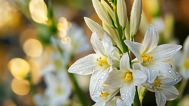 Delicate white ismene flowers with water droplets glittering in the warm sunlight