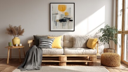Chic retro living room wall art mockup with empty black 24x36 inch frame above stylish sofa, featuring minimal decor and subtle yellow and grey color accents for modern interior design concepts
