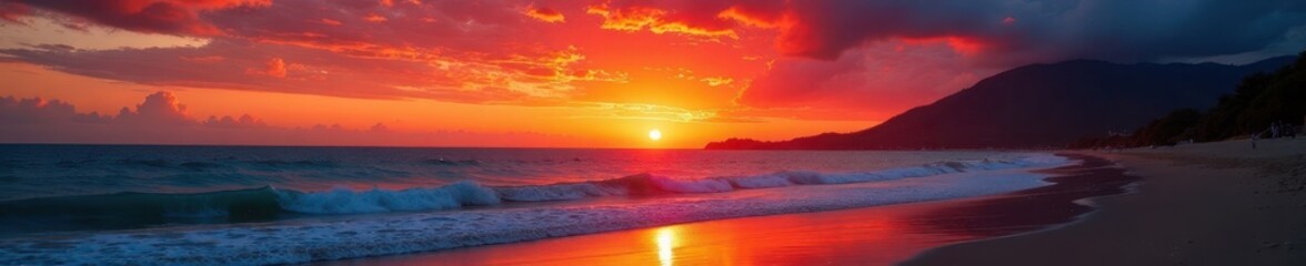 Fototapeta premium Fiery sunset paints Glenelg's sky, waves gently lap shore , golden hour, clouds