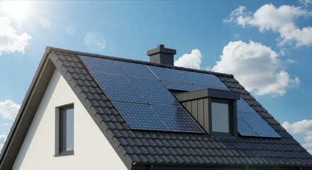 Solar panels on a house roof under a sunny sky with clouds.