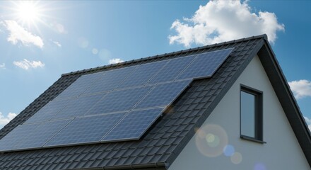 Naklejka premium Solar panels on a house roof under a sunny sky with clouds.