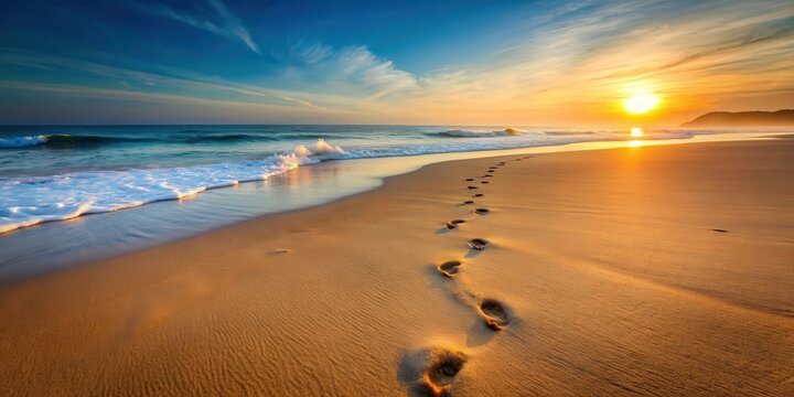 Footprints on Sandy Beach at Dawn , sand, footprints,  sand, footprints, seaside, beach, dawn, nostalgic, landscape, shore