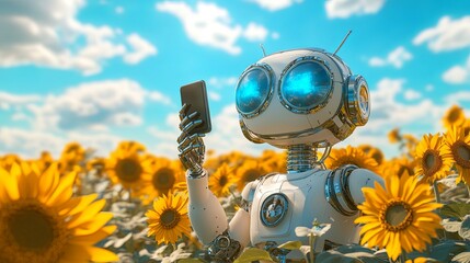 Robot with Cell Phone in Sunflower Field