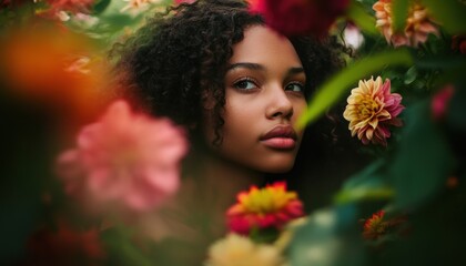 Naklejka premium A young woman surrounded by vibrant blossoms.