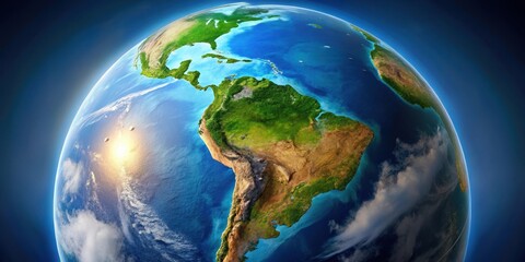 Fototapeta premium Earth globe with realistic rendering of South America's geography, including Amazon rainforest, Andes mountain range, and Patagonia region, andes mountains, nature